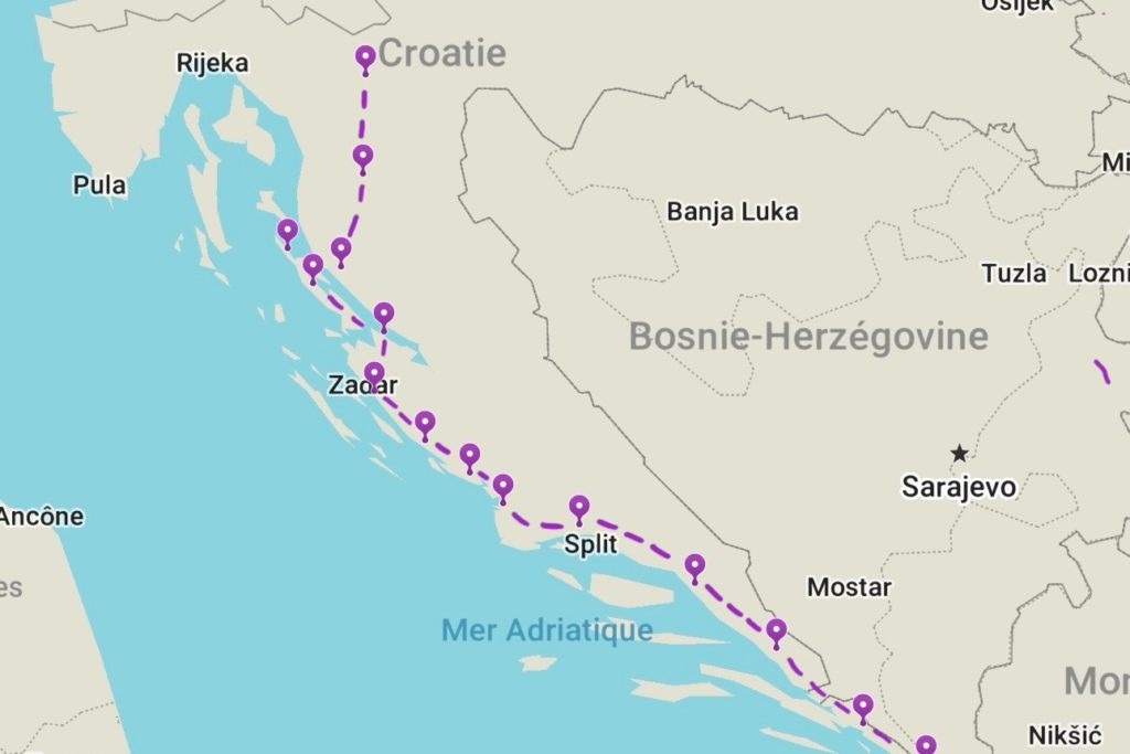 Carte avec repère de nous logement en Croatie et l’itinéraire cyclable de Komoot.