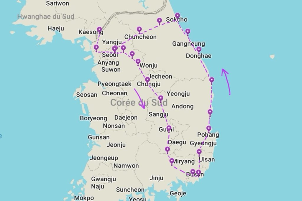 Itinéraire vélo à travers la Corée du Sud et le lien pour Komoot.